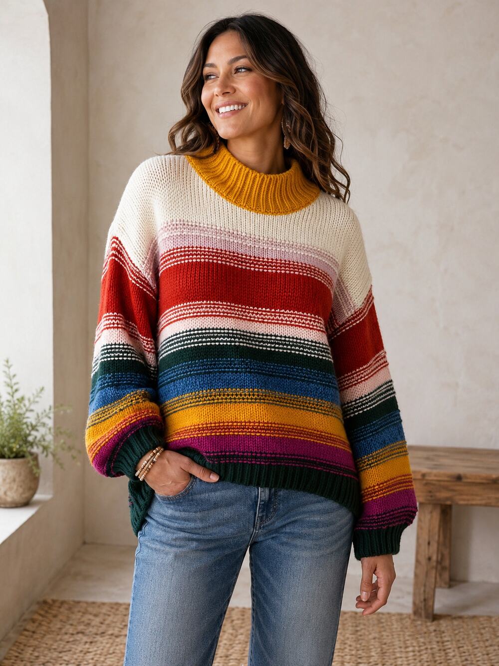 Sundance SZ XXL Color Vibes Striped Chunky Knit Mock Neck Sweater
